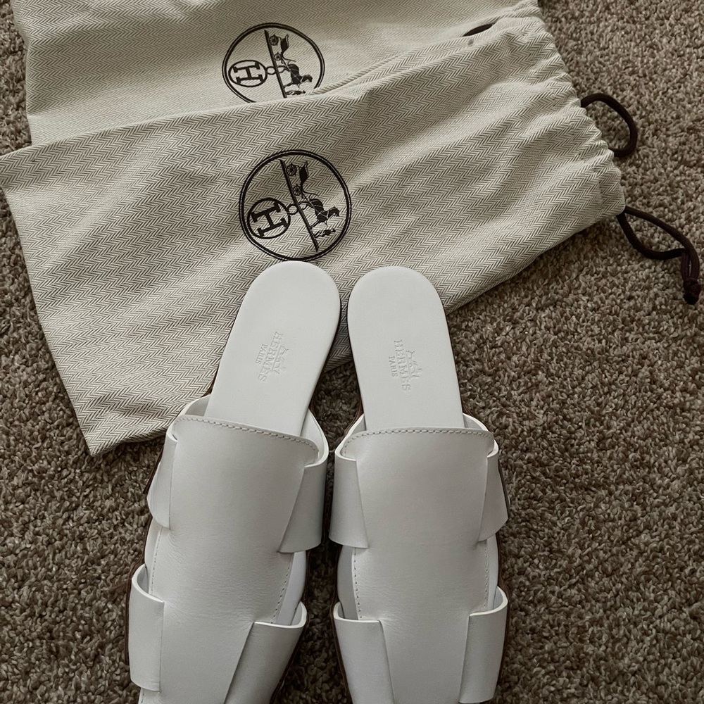 Hermès White Leather Slides